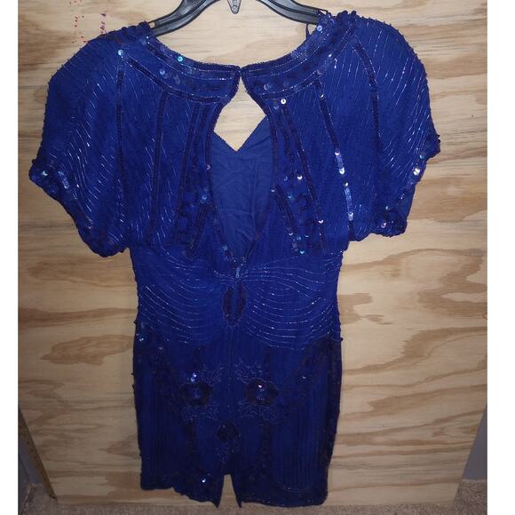 Women's Stenay Beaded Blue Dress VTG Cocktail Glam Retro Formal 8 Silk - Picture 3 of 4